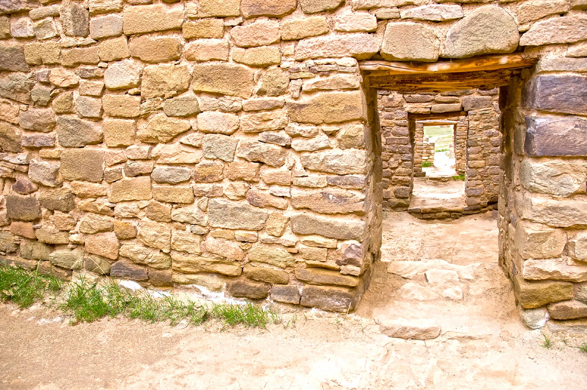 View through a stone doorway of more stone doorways