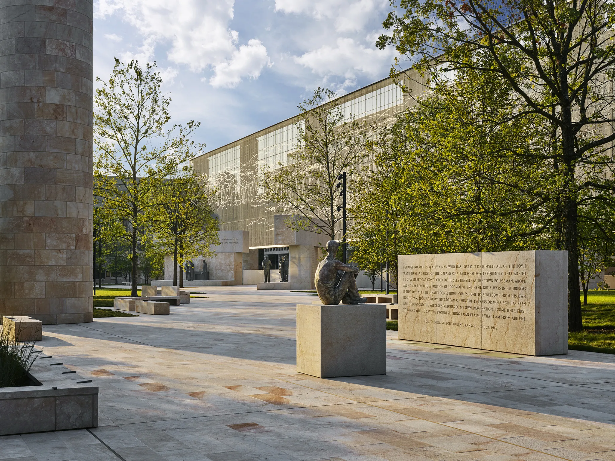 Sculpture of Eisenhower as a young boy and inscription from his Homecoming Speech at the Dwight D. Eisenhower Memorial.