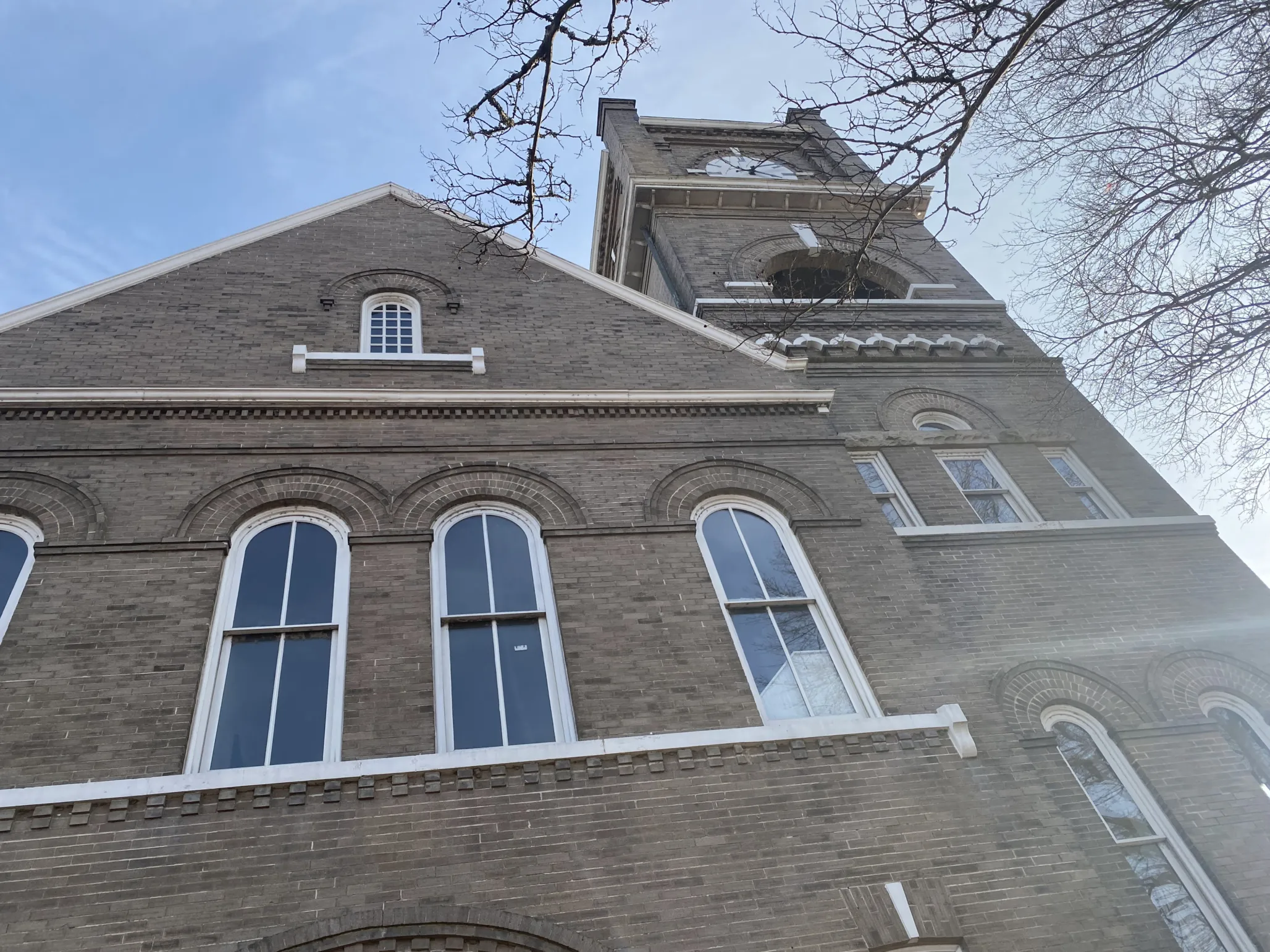 Stone facade of a two-story courthouse