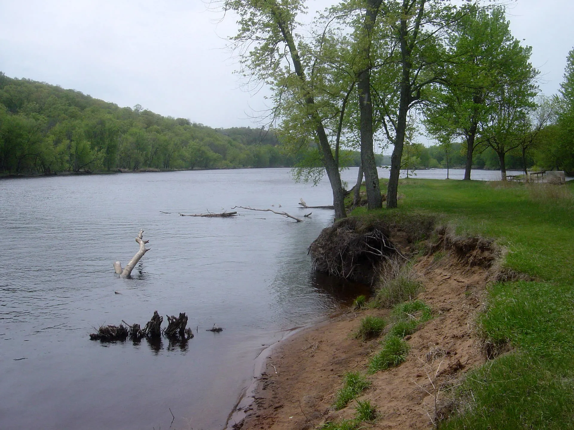 Saint Croix river flows alongside grass and trees