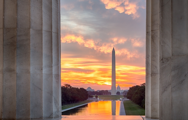 View of National Mall from the Lincoln Memorial at sunset