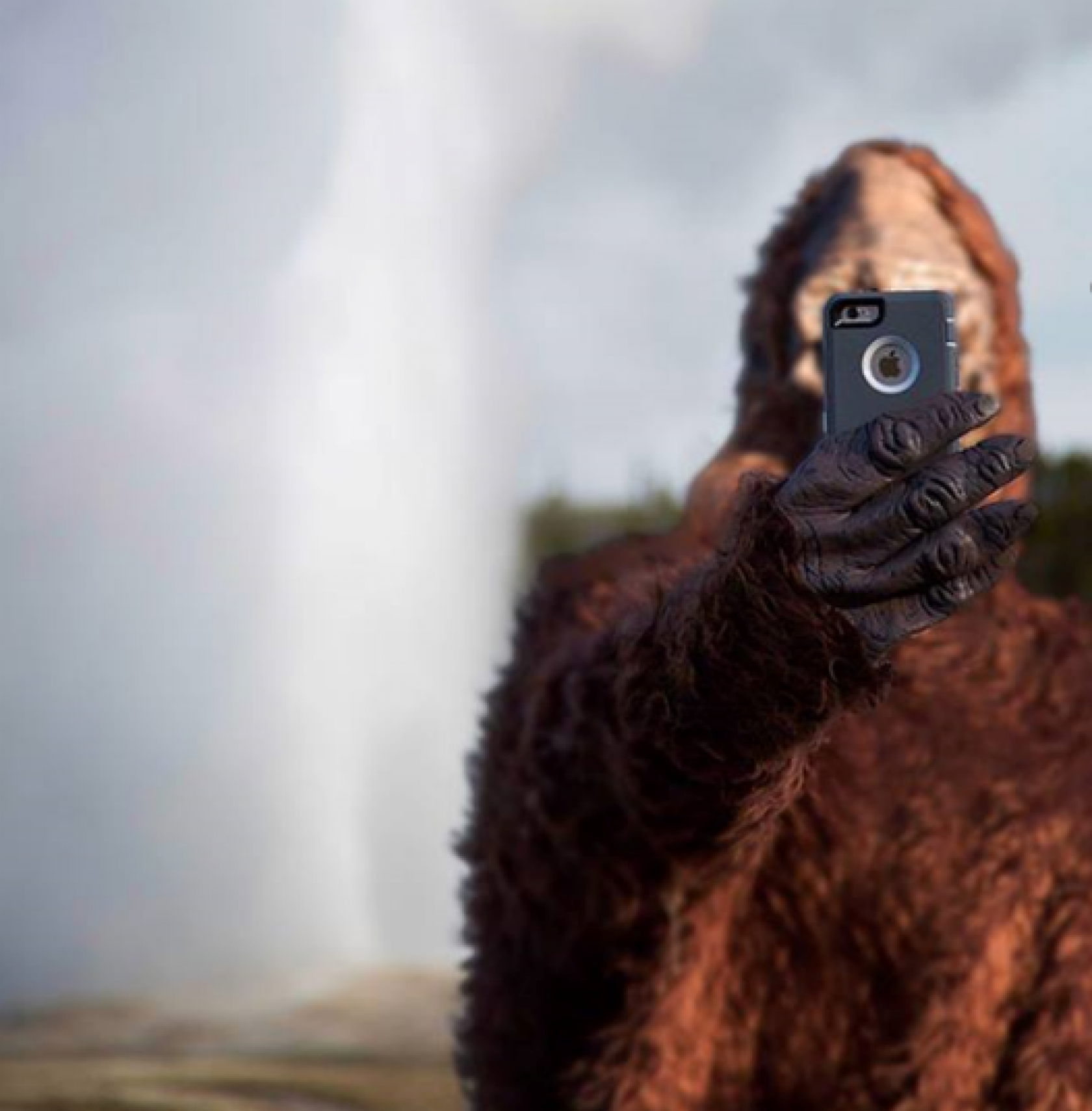 A funny image of bigfoot with a phone