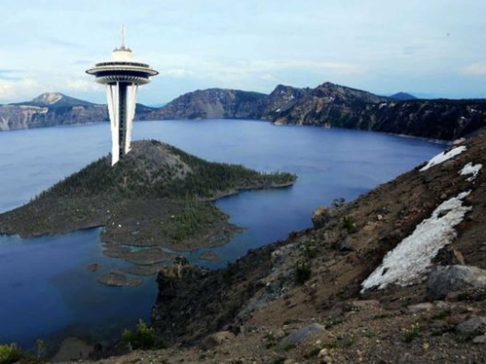 Fake, photoshopped photo of restaurant built on top of Crater lake. 