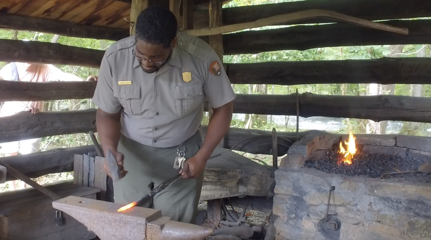 Michael Smith does a blacksmith shop demonstration, showing how metal is forged