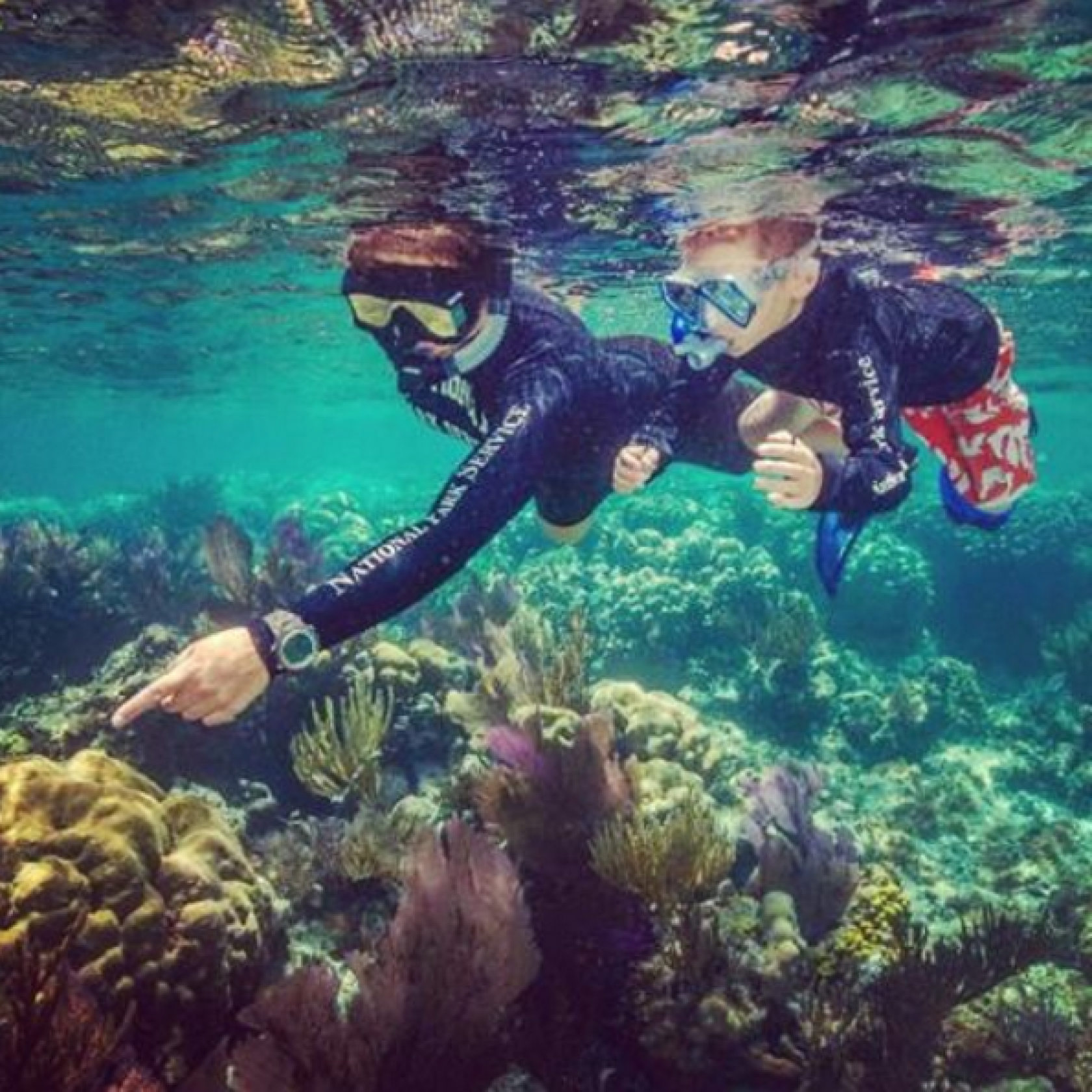 Two national park rangers point at fish and coral while scuba diving