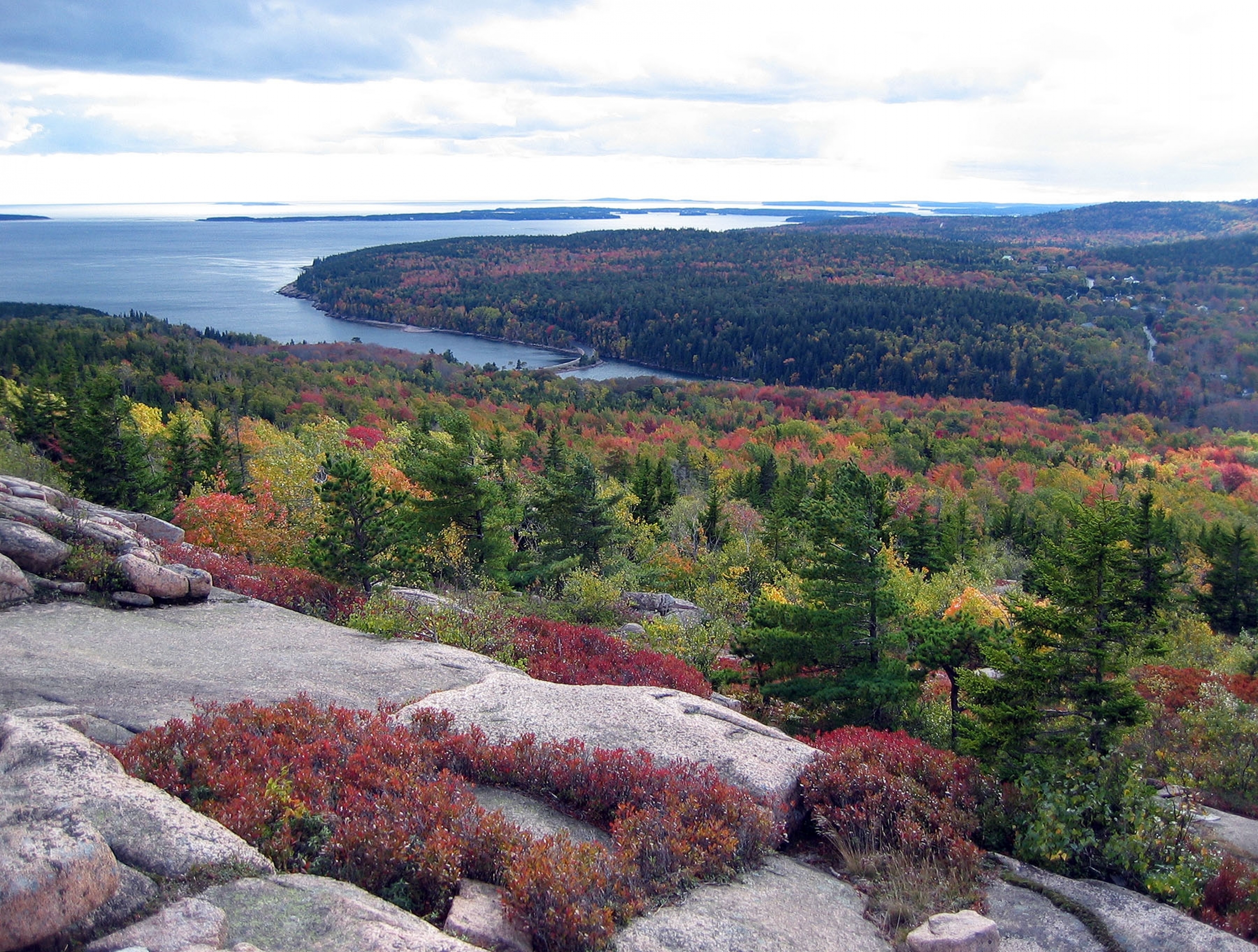View from on top of Gorham Mountain onto the ocean and forest of green, reds, and yellows, at Acadia National Park