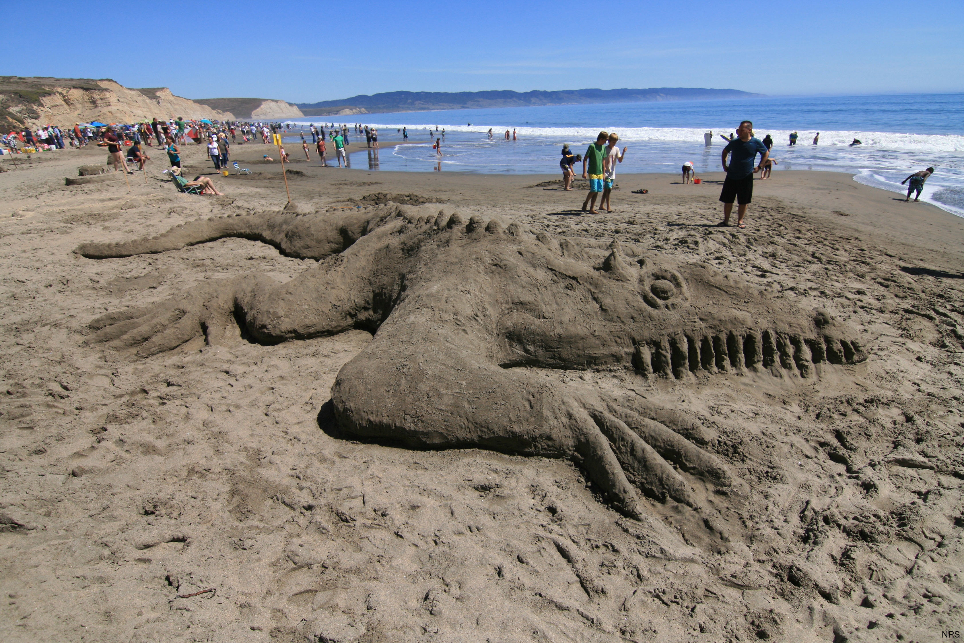 Un concurso de castillos de arena produce un dinosaurio en una playa llena de gente en Point Reyes.