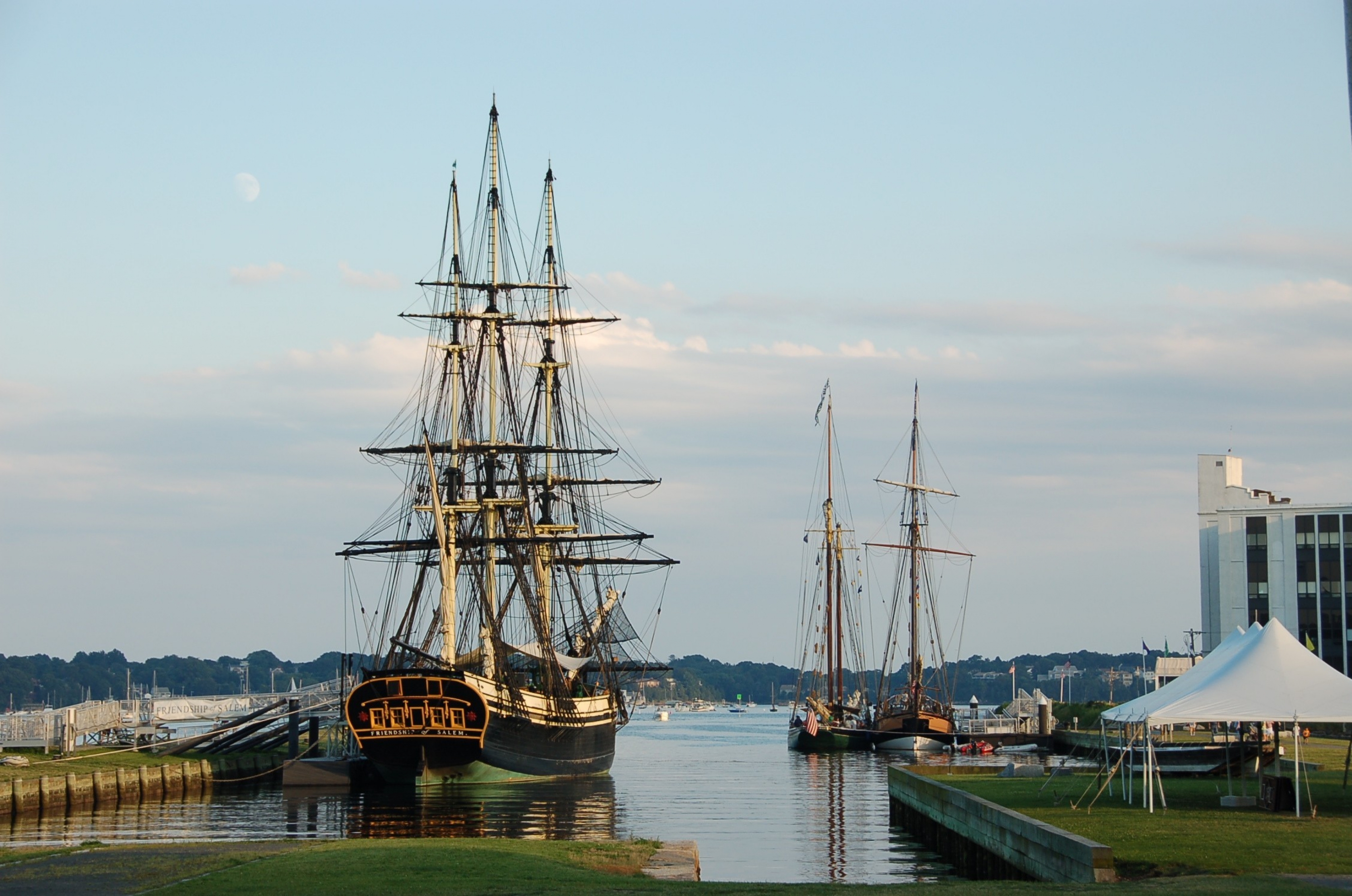 The Friendship of Salem (wooden, 171-foot three-masted boat) anchored in the harbor of Salem Maritime National Historic Park