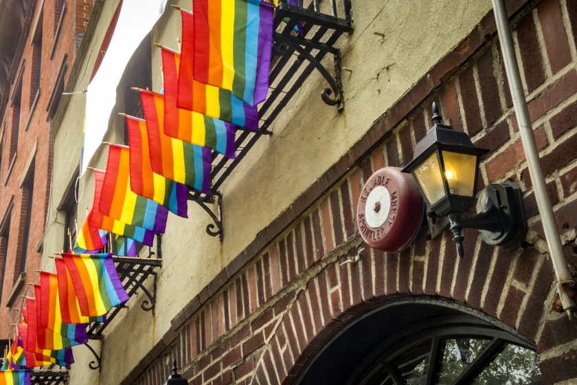 Rainbow flags flying over the Stonewall Inn in NYC