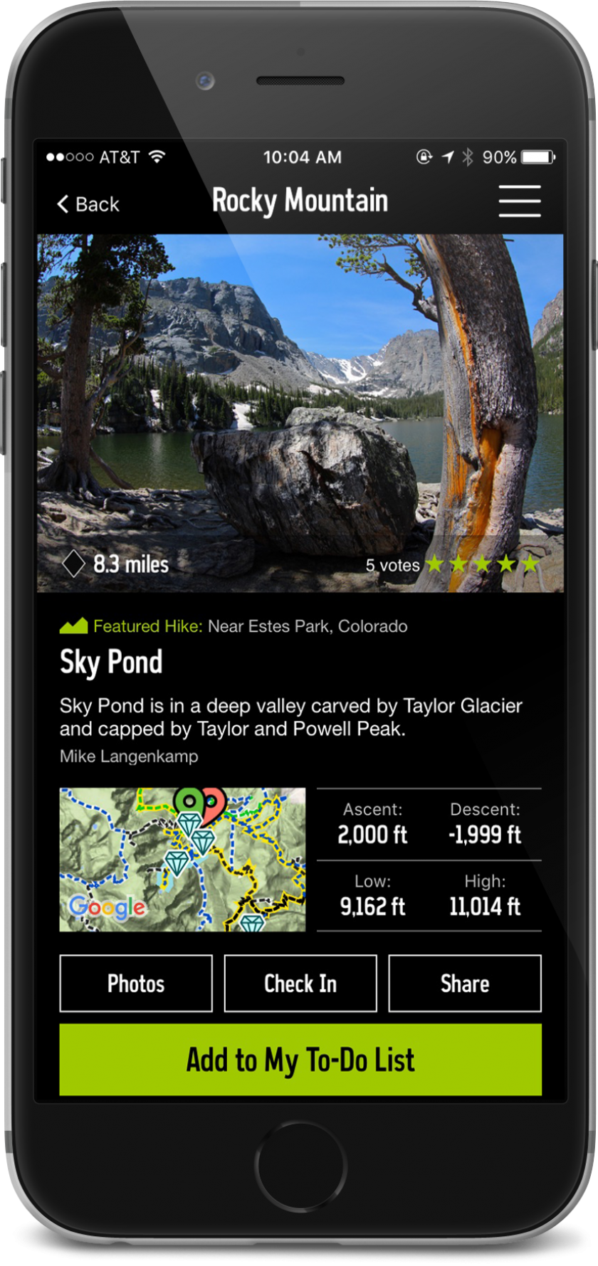 Imagen del iPhone con la Guía REI Co-op a la aplicación de Parques Nacionales en la pantalla; funciones de datos y descripciones de parque de las Montañas Rocosas